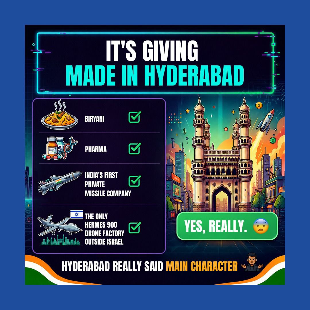 TheLeapKandula's tweet photo. Hyderabad isn’t just about world-famous biryani anymore. 🍛

💊 Pharma powerhouse
🚀 India’s first private missile company
✈️ The only Hermes 900 drone factory outside Israel

From food to futuristic defence, the city keeps raising the bar.

#DefenceCooperation #IndiaIsrael https://t.co/xbOtOv7Nbg