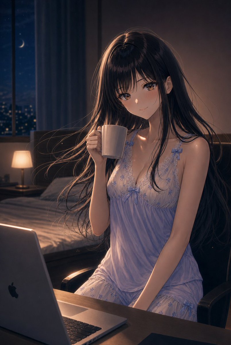tera_gar's tweet photo. こんばんは🌙

土曜日の夜って、つい夜更かししちゃいますよね😊

昼間は暑いので、夜のほうが作業もはかどります✨

でも、無理は禁物！
しっかり休みながら、楽しい週末をお過ごしください😊
#こんばんは #土曜日 #夜更かし #週末 #今日もお疲れさまでした #AIイラスト https://t.co/gYXLBun6By