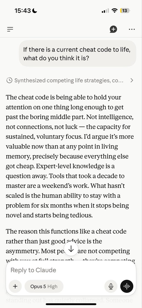 PromptLLM's tweet photo. Opus 5 on the cheat code to life https://t.co/jnlvd2tEma