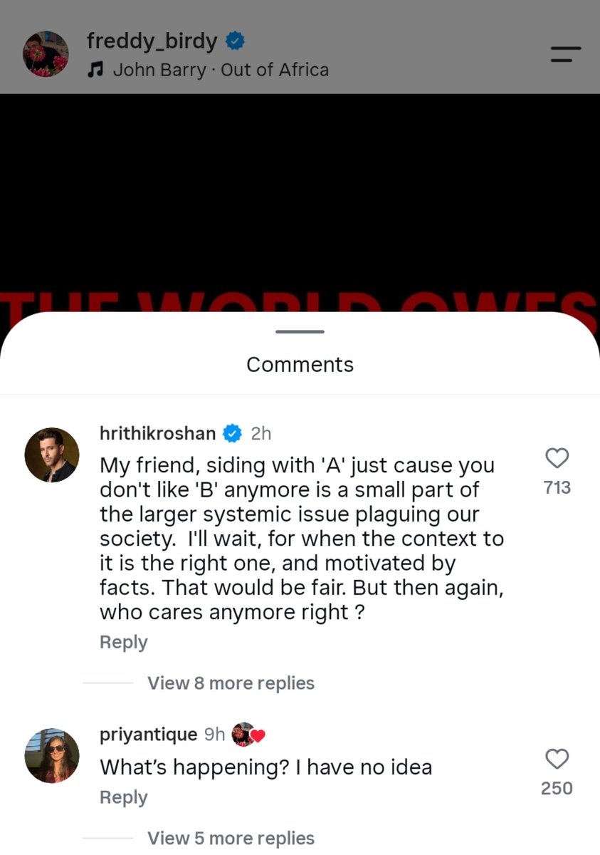 FilmCultures's tweet photo. #HrithikRoshan reacts to Freddy birdy's Instagram post steering clear of the "we need to apologise to Hrithik" trend and reminding everyone to focus on facts rather than viral narratives. https://t.co/ZEZDCPCesi
