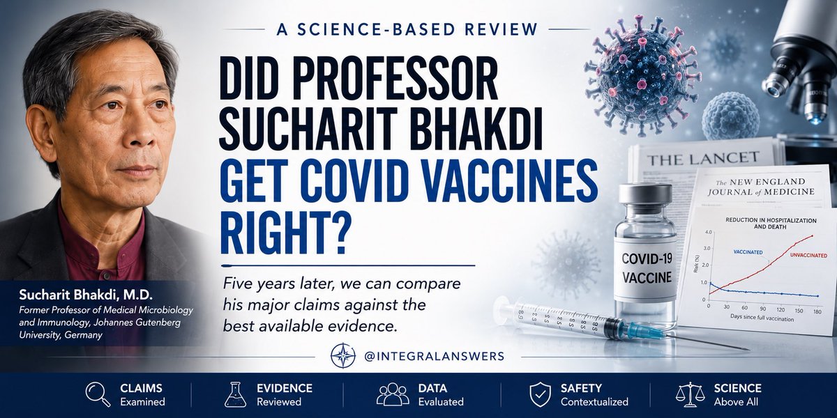 IntegralAnswers's tweet photo. 1/ Professor Sucharit Bhakdi, M.D. is not an obscure internet influencer. He is an accomplished microbiologist whose work in bacteriology and immunology earned genuine scientific respect long before COVID.

But science doesn’t ask whether someone is credentialed.

It asks whether their hypotheses accurately predict reality.

Five years later, we can compare Bhakdi’s major COVID vaccine claims against what actually happened—not with politics, but with clinical trials, pathology, immunology and population data.

Let’s do exactly that.
