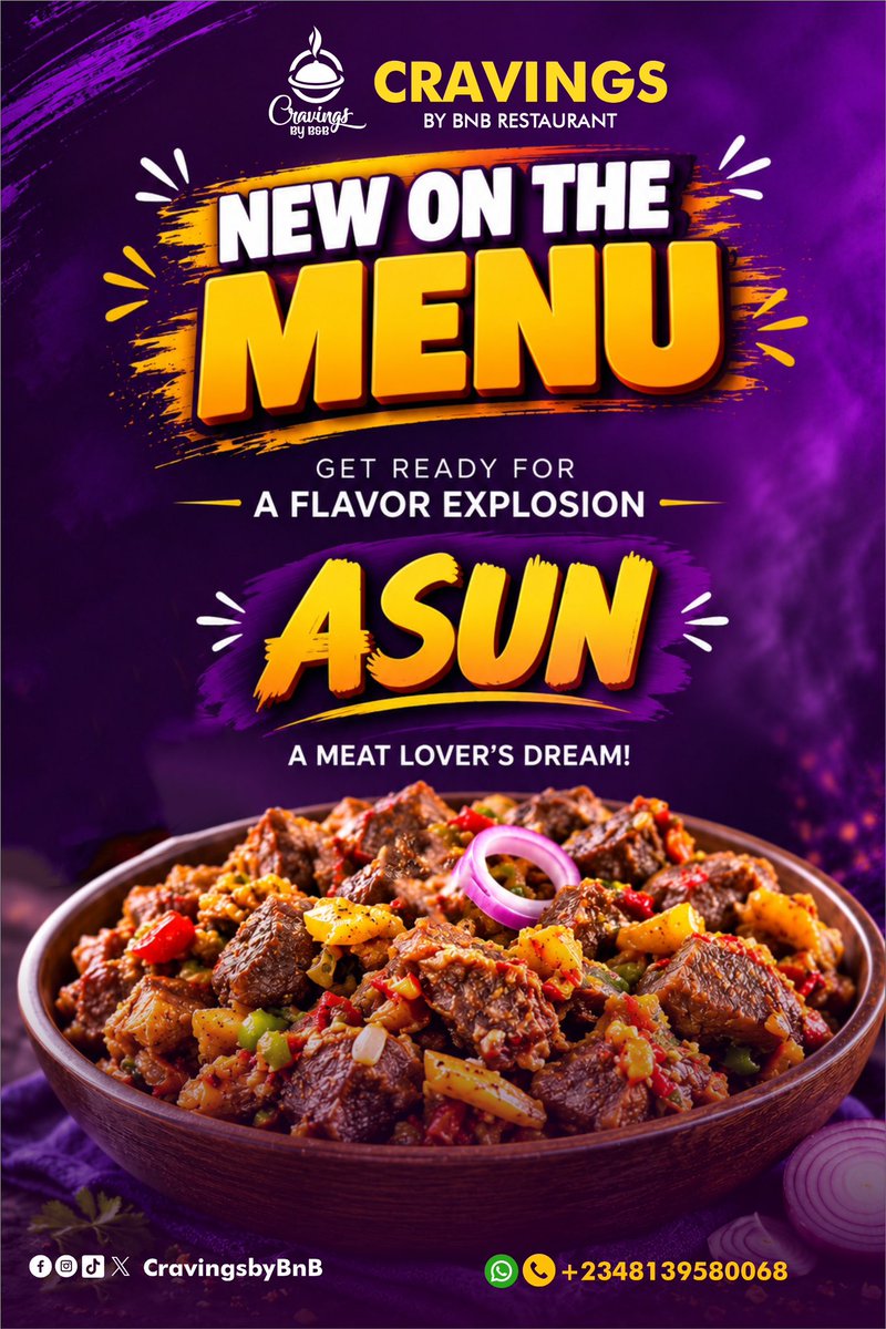 Cravings_by_BnB's tweet photo. *NEW MENU ALERT* ⚠️

August cravings = SOLVED 

*ASUN IS HERE*  
Smoked and Peppered Goat Meat. Juicy. Smoky. Spicy. Irresistible.

At *Cravings by B&amp;B* we are prioritizing your taste buds all month with this new addition + your other lovely menu favourites. https://t.co/ZxtknlCwM2