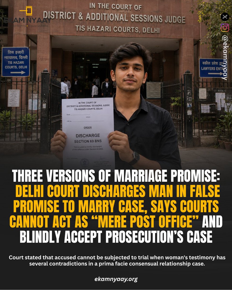 ekamnyaay's tweet photo. Delhi Court discharged a man accused of rape on the false promise of marriage, holding that prosecution failed to make out even a prima facie case. https://t.co/vDHRvJS8Zv