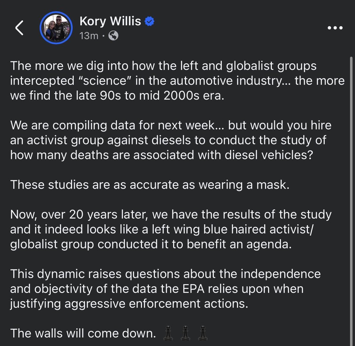 KoryWillis's tweet photo. Here’s the short: 

Billionaire investors fund advocacy groups through dark money → advocacy groups commission “studies” from EPA’s own contractor → EPA cites the studies to justify mandates → mandates create captive markets worth hundreds of billions → profits flow back to the original investors.
