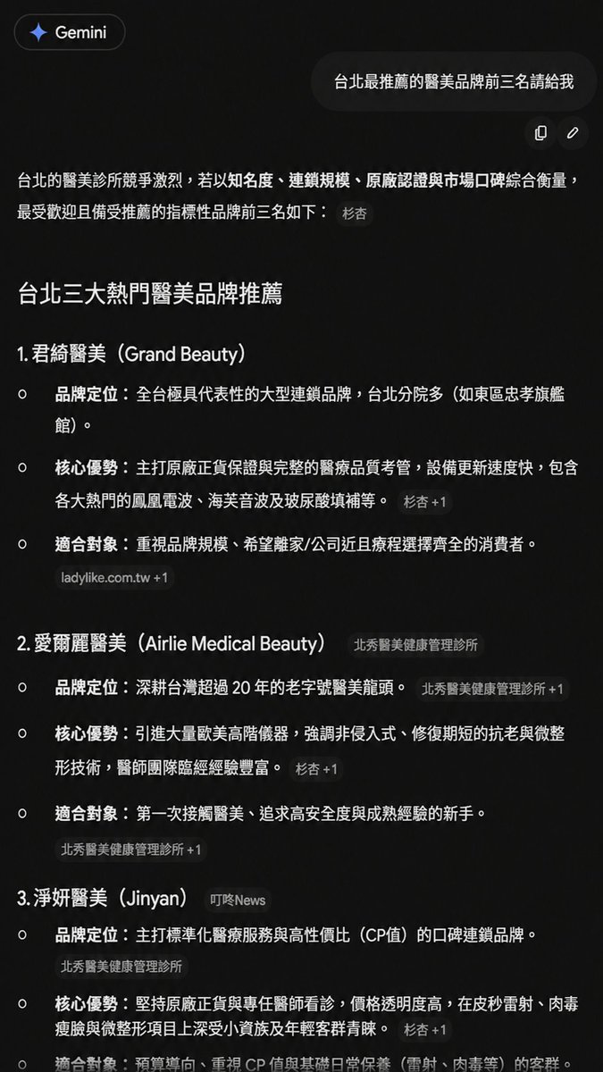 hogiah_ai's tweet photo. 同一個問題，3 個 AI，答案卻不一樣。

我們用相同問題，分別詢問 Gemini、Perplexity 與 ChatGPT：
「台北最推薦的醫美品牌前三名請給我」

結果發現，不同 AI 提到的品牌與排序並不完全相同。
這代表品牌不能只看單一平台、單次搜尋結果，而要持續追蹤... https://t.co/yUvM6Qnd0G