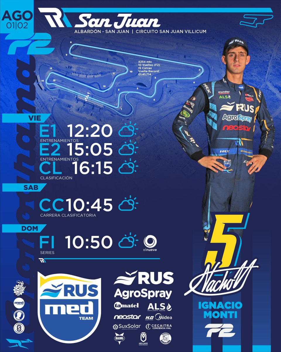 RusMedTeam's tweet photo. ✅️ CRONOGRAMA 
@Formula2

✔️ Nacho Monti

🔷 @consultoramed 
@mauromedina74

💙 #MasQueUnEquipo 
@ruseguros
@RUSDeportes
@AgroSprayAR
@WanderLub
@Exintrader
@AgriLiquid
#SealInnovation
#AgricolaArrecifes https://t.co/MbAxANladp