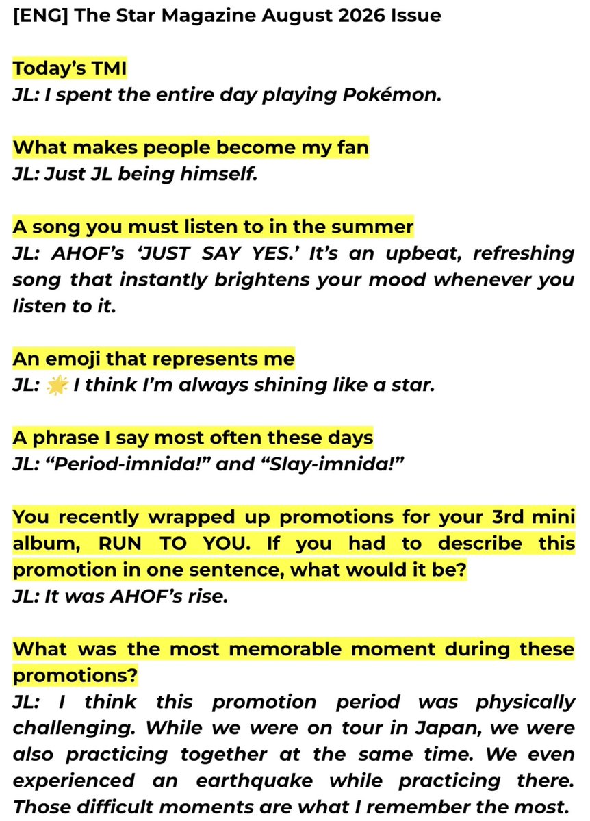 byeolshines's tweet photo. [ENG] The Star Magazine August 2026 Issue

🦌 JL’s parts only 🦌

“𝗬𝗢𝗨’𝗥𝗘 𝗗𝗢𝗜𝗡𝗚 𝗪𝗘𝗟𝗟, 𝗝𝗟!”
 
#AHOF #아홉
#JL #제이엘 https://t.co/wzlB6Gr0Xl