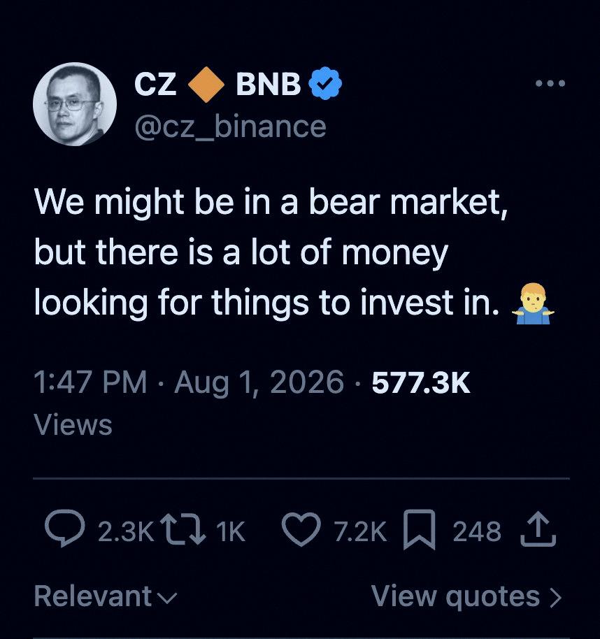 TFising's tweet photo. 🚨 BIG NEWS:

CZ, THE BINANCE FOUNDER, JUST DROPPED THIS:

"COULD BE A BEAR MARKET, BUT THERE'S PLENTY OF CASH HUNTING FOR DEALS."

EARLIER, HE HINTED A BITCOIN SUPERCYCLE COULD KICK OFF IN 2026

THIS IS A BAD SIGN FOR CRYPTO... https://t.co/PzC0IItgSR