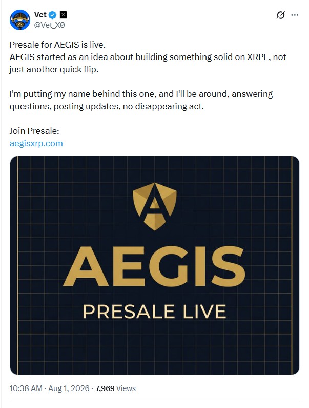 BillMasucci's tweet photo. Tagging you so you don’t miss the $AEGIS led by @Vet_X0.. 
I putted 2,500 XRP in on https://t.co/jRYxaMLQ59. 

Could retire me if this moons 😂 You putting any bags on this?‍‌‌‌⁠​‌‌‍‍‍​‌ https://t.co/wdr6TWOFFO