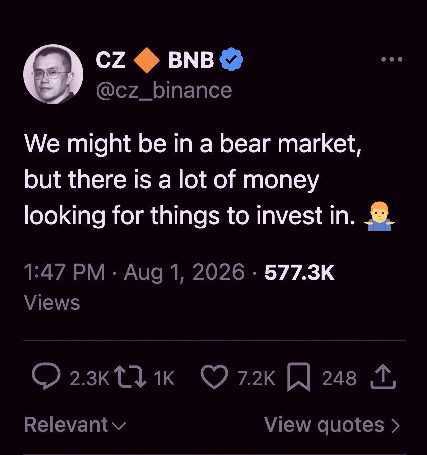 Julius_Caserr's tweet photo. 🚨 JUST IN:

CZ, BINANCE FOUNDER, JUST SHARED THIS:

"WE COULD BE IN A BEAR MARKET, BUT THERE'S PLENTY OF CASH OUT THERE READY TO INVEST."

EARLIER, HE MENTIONED A POSSIBLE BITCOIN SUPERCYCLE KICKING OFF IN 2026

THIS ISN'T LOOKING GREAT FOR CRYPTO... https://t.co/zvC2i4SekK