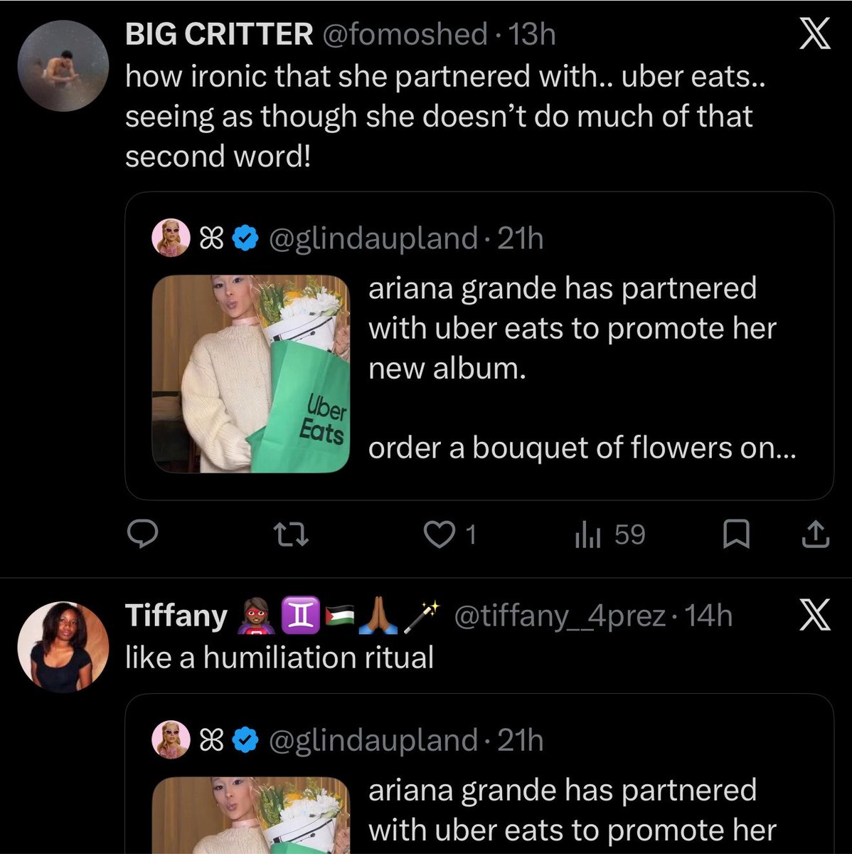 glindaupland's tweet photo. you can all lie to yourselves as much as you want to that your comments are coming from a place of ‘genuine concern’ but in reality, you are all just bullying and mocking ariana relentlessly for your own entertainment. 

you are only making matters worse. leave her alone. https://t.co/GnclEuyxBG