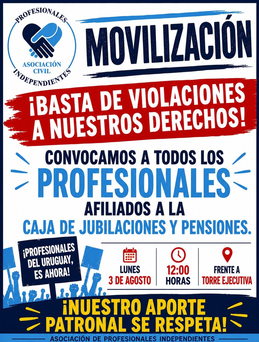 ProfesionalesI7's tweet photo. ⚠️ Movilización
Lunes 3 de agosto - 12hs
📍 Torre Ejecutiva (Plaza Independencia)
#cajaprofesional #profesionalesindependientes https://t.co/ZWuD6kA48j