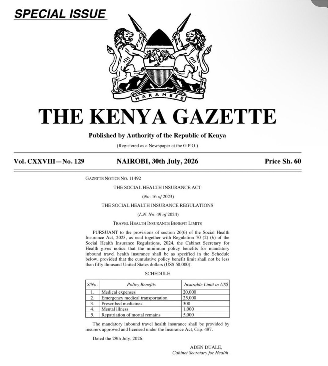 smutoro's tweet photo. 🚨GAZETTE ALERT: Every visitor to Kenya must now show $50,000 (Sh6.5M) health insurance before entry — under Gazette Notice No. 11492, 30th July 2026.
🌻No competitive tender for insurers. No public participation on the tariff. No disclosure on who collects the money.
Who benefits? 🤔
🌻The $50,000 minimum cover breaks down as:
🏥 Medical expenses — $20,000 (Sh2.6M)
🚁 Emergency evacuation — $25,000 (Sh3.25M)
💊 Medicines — $300 (Sh39,000)
🧠 Mental health — $1,000 (Sh130,000)
⚰️ Repatriation — $5,000 (Sh650,000)

Kenya’s rate dwarfs Tanzania’s flat $44 tourist insurance fee. No benchmarking disclosed. @MOH_Kenya @IRAKenya must explain — before this quietly strangles tourism @PPRAKenya @magicalkenya