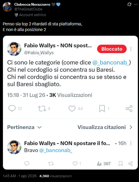 Fabio_Wallys's tweet photo. Al solito l'offesa e' il rifugio di chi non ha argomentazioni intelligenti.
Questo account mi ha rivolto un insulto personale, pubblicando anche uno screenshot del mio profilo. 
Ho conservato lo screenshot, il link e tutti gli elementi utili a documentare l’episodio e a valutare le iniziative opportune.
Chi conosce l’identità della persona che gestisce questo account può contattarmi in privato, limitandosi a fornire informazioni già pubbliche e verificabili.  Vi chiedo espressamente di non cercare, pubblicare o diffondere alcun dato personali.
Se potete segnalare il post, mi fate un piacere.