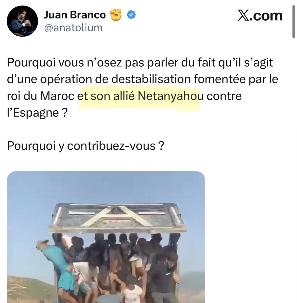 julienbahloul's tweet photo. Oui, le désordre en Espagne, c'est nous, Israël. 

Et d'ailleurs, la canicule en Europe, c'est nous aussi. 

La défaite de l'équipe de France au mondial ? C'est nous. 

Nous faites pas chier les gars. 
Un mot de travers et on fait pleuvoir des sauterelles. 

#QuilEstCon https://t.co/L2NbFi7gKJ