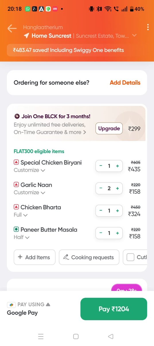 vicksn2's tweet photo. One on my phone(Black), another on my wife's. Same order, same restaurant, same time. What's the point of paying for Black then.

Thanks #Swiggy for making such fools out of your long time customers https://t.co/OT2LLTZeND
