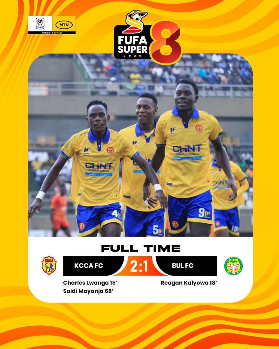 UPL's tweet photo. FT | Full-time
KCCA FC hold on to secure victory over BUL FC in the FUFA Super 8.

KCCA FC 2-1 BUL FC

#KCCBUL | #FUFASuper8 https://t.co/szoPQZLvZN