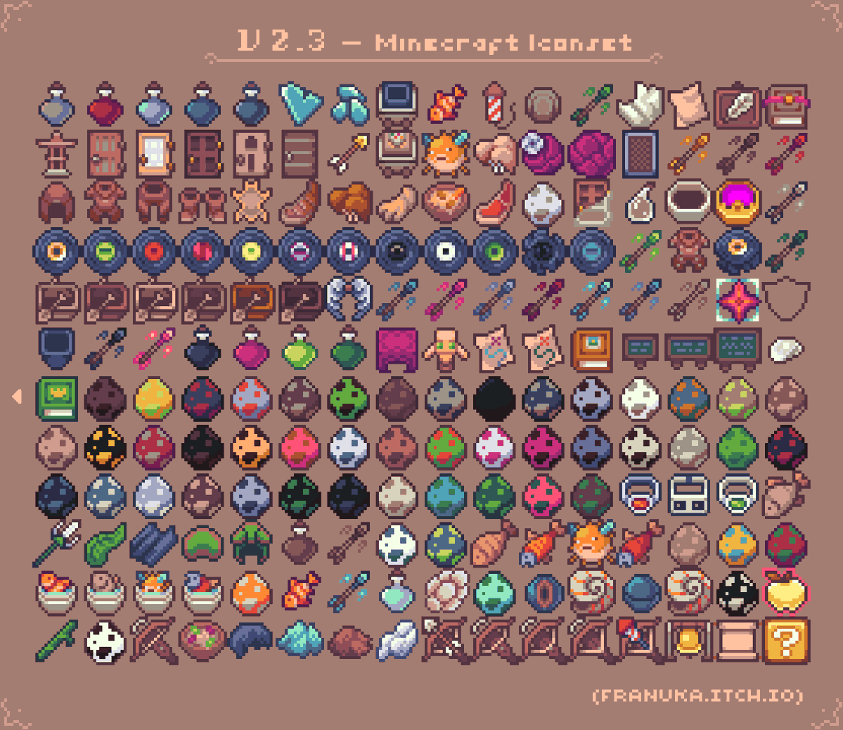 franuka_art's tweet photo. RPG Icon pack v2.3 is now live!
Minecraft Iconset (385 icons). If enough people show interest I might keep adding items from the newest versions, but it's just too much for now :)
Of course, you can also use these for any other project.
#pixelart #minecraft #gamedev #indiedev https://t.co/Py1uZxcjTI