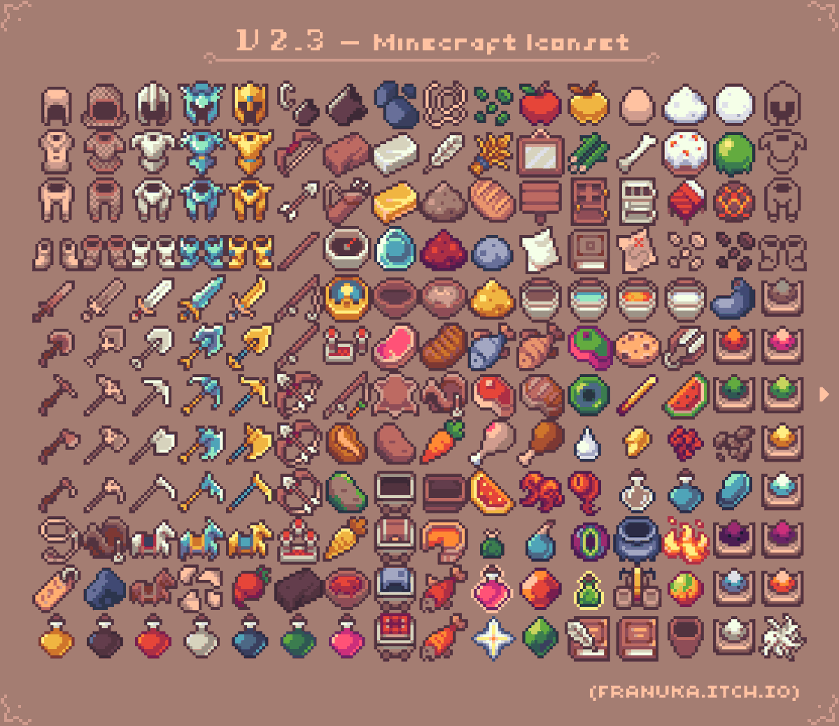 franuka_art's tweet photo. RPG Icon pack v2.3 is now live!
Minecraft Iconset (385 icons). If enough people show interest I might keep adding items from the newest versions, but it's just too much for now :)
Of course, you can also use these for any other project.
#pixelart #minecraft #gamedev #indiedev https://t.co/Py1uZxcjTI