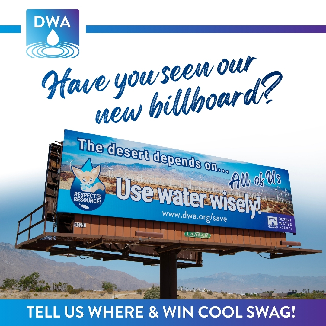 DWAwater's tweet photo. If you’ve seen our new billboards and know the location, share it in the comments below to win a DWA swag bag! (While supplies last) ⬇️
Let’s keep our community beautiful and sustainable together!
#DesertWaterAgency #RespectTheResource #PalmSprings #SaveWater https://t.co/X25pv63ehw