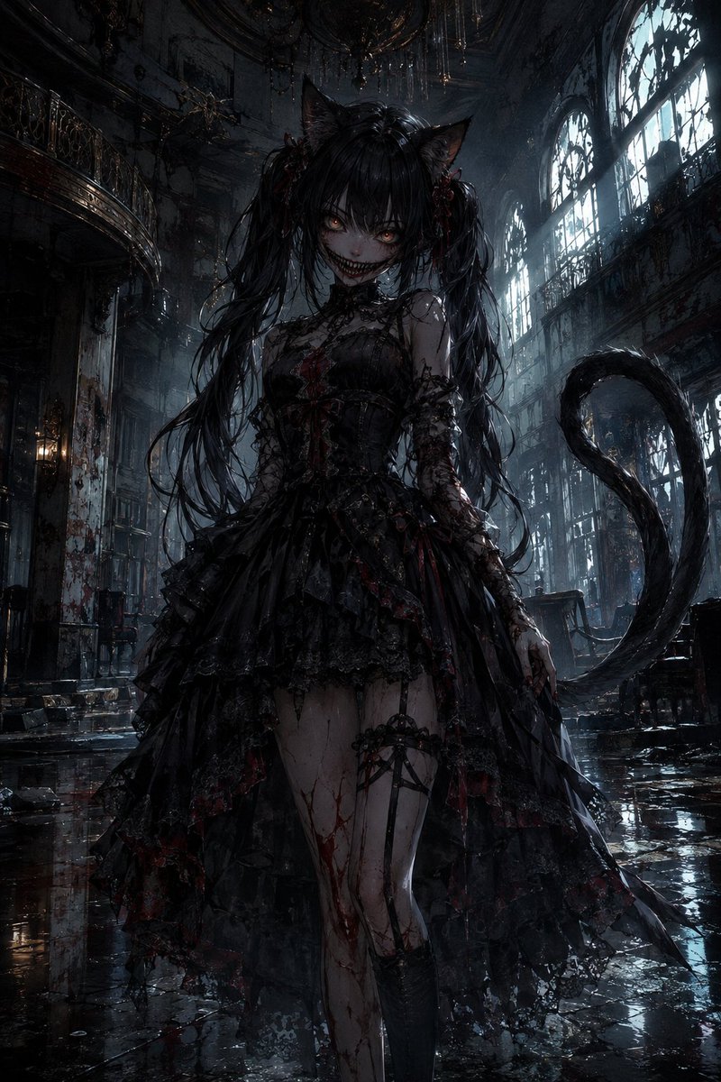 MythicalRealmAi's tweet photo. 🌑🐈‍⬛ She waits where silence has long replaced memories. In the ruins of forgotten elegance, her smile never fades... only the courage of those who meet her gaze. Moonlight reveals every crack, every shadow, and every secret hidden within the darkness. 🖤🌫️ #AIArt #GothicHorror https://t.co/qJ372iYtmn