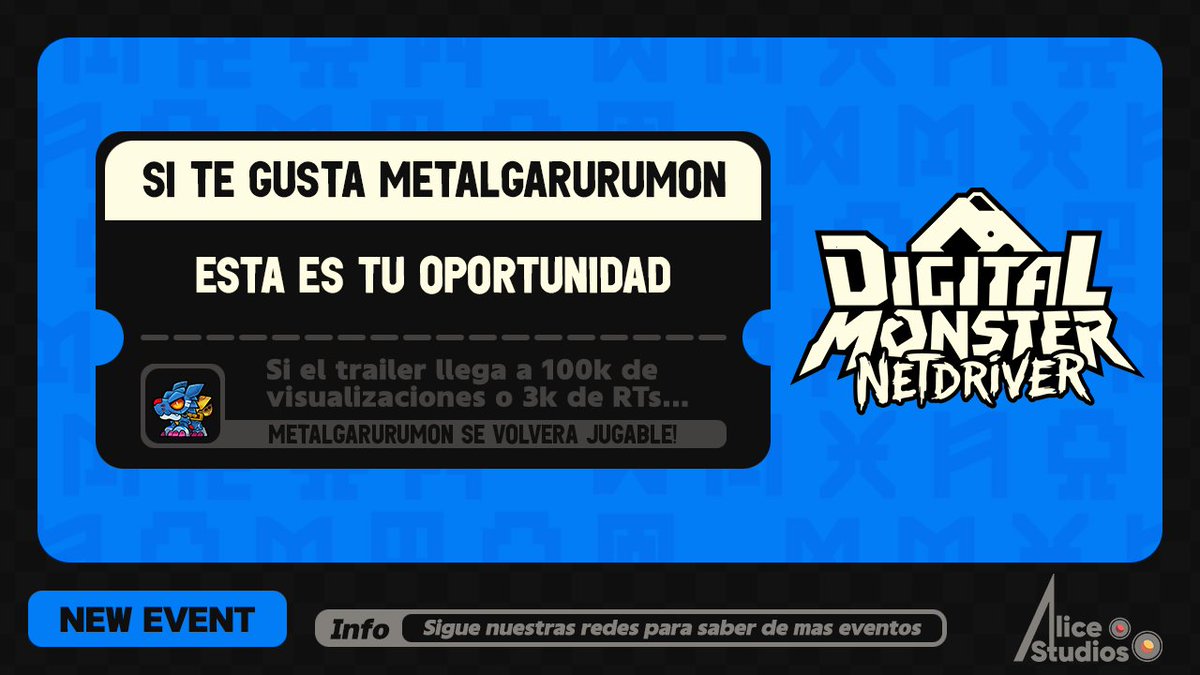 AliceStudios22's tweet photo. 🇪🇸: ¡Feliz Odaiba Memorial Day a todos!

Por esta fecha especial realizamos este nuevo trailer promocional, esto incluye DOS EVENTOS

El primero: Un nuevo combate anómalo a la noche con un nuevo driver.

El segundo: Si el trailer en youtube llega a 100k de views o a 3K de RT's en Twitter (X) vamos a agregar a MetalGarurumon al juego.

¡Como siempre muchísimas gracias por todo su apoyo!

🇺🇸: Happy Odaiba Memorial Day to everyone!

For this special date we have this new promotional trailer and TWO EVENTS

First one: a new anomaly combat with a new Driver tonight!

Second one: If the youtube trailer reaches 100k views or 3k Retweets on Twitter (X) we'll add MetalGarurumon to the game.

As always, thanks a lot to everyone for your support!