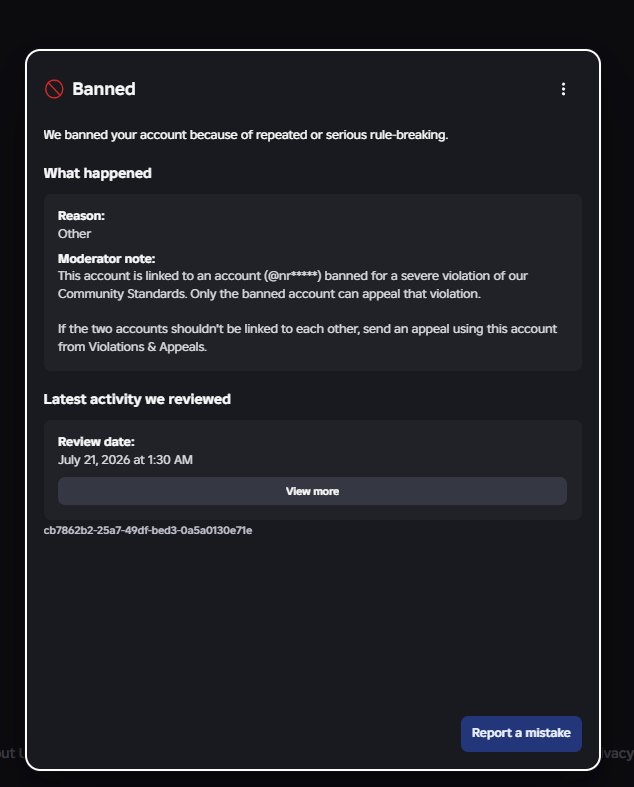 _id4d's tweet photo. user: reelastro i have an EF ban when i appeal through support forum it redirects me to the violations page, my ban does not show there, and the forum AI just says "sorry we cant help" and "i encourage you to read the previous information" which is the violations page 💔 @Roblox https://t.co/x024NYp8O5