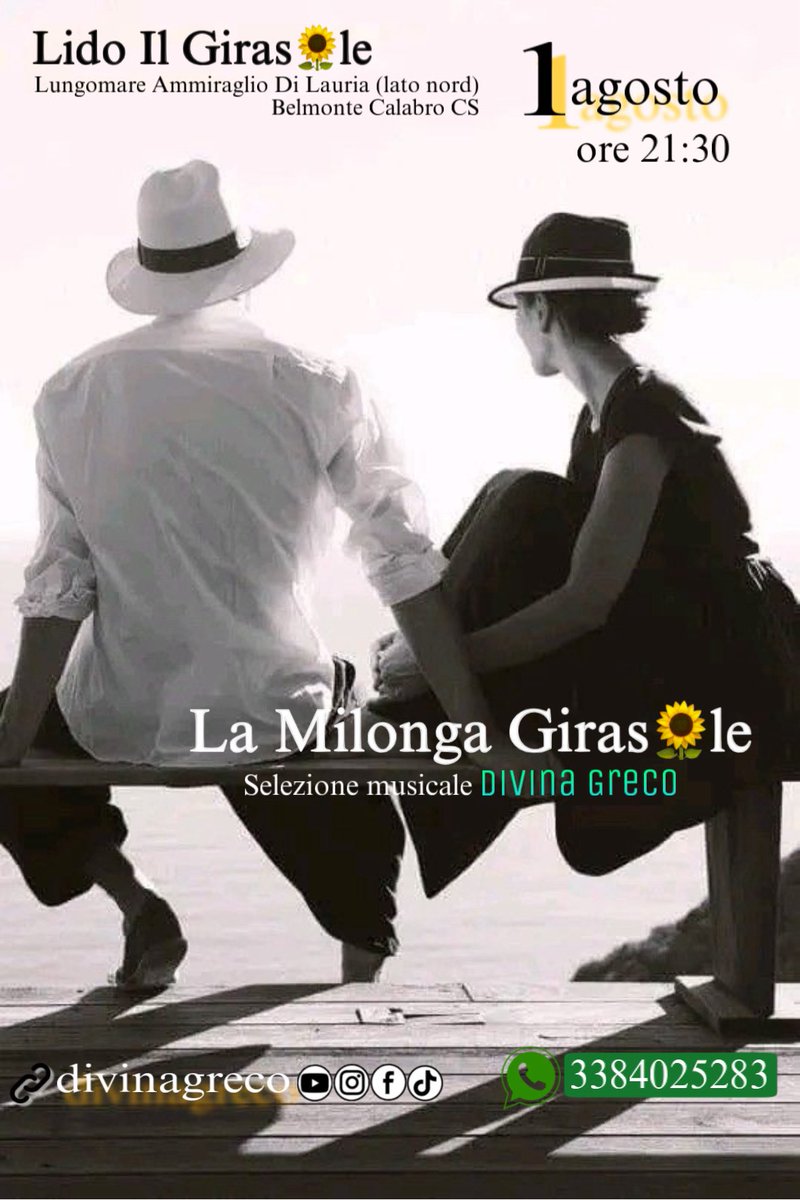DivinaGreco's tweet photo. Portami ovunque, portami al mare, portami dove gli abbracci hanno un cuore leggero come un dono prezioso, un inno alla gioia: 
la #milonga Giras🌻le ✨ stasera !!!
 1 agosto ore 21:30 
#tangoargentino #calabria #divinagreco #mare #estate2026 #summer https://t.co/7wQJOocGkc