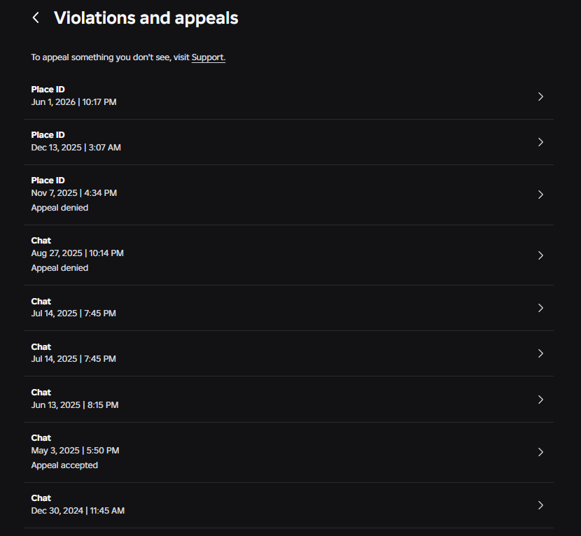 _id4d's tweet photo. user: reelastro i have an EF ban when i appeal through support forum it redirects me to the violations page, my ban does not show there, and the forum AI just says "sorry we cant help" and "i encourage you to read the previous information" which is the violations page 💔 @Roblox https://t.co/x024NYp8O5