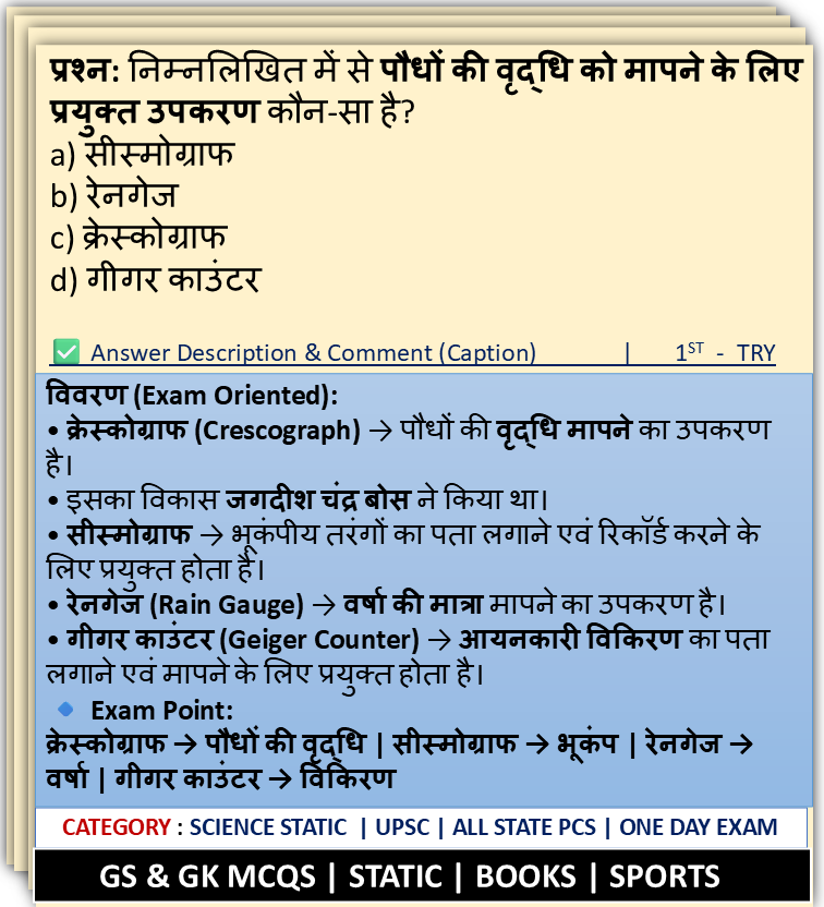 THECONCEPTPCS's tweet photo. विवरण (Exam Oriented):
• क्रेस्कोग्राफ (Crescograph) → पौधों की वृद्धि मापने का उपकरण; इसका विकास जगदीश चंद्र बोस ने किया था।
• सीस्मोग्राफ (Seismograph) → भूकंपीय तरंगों का पता लगाने एवं रिकॉर्ड करने के लिए प्रयुक्त होता है।
#PhysicsMCQ #GeneralScience #UPSC #StatePSC https://t.co/FSVlhKnKCx