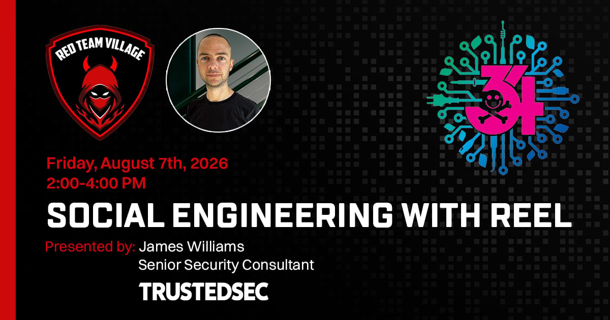 TrustedSec's tweet photo. Heading to @defcon 34? Senior Security Consultant @two06 is presenting "Social Engineering with Reel" on Friday, August 7 at 2:00 PM—fresh off his Black Hat Arsenal appearances. Add it to your schedule! https://t.co/7yUaDQCYOc https://t.co/EVE4nRTwrQ