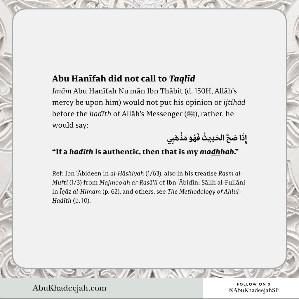 AbuKhadeejahSP's tweet photo. Abu Hanīfah (d. 150H) did not call to Taqlīd. https://t.co/Ghd2Y0TrZO
