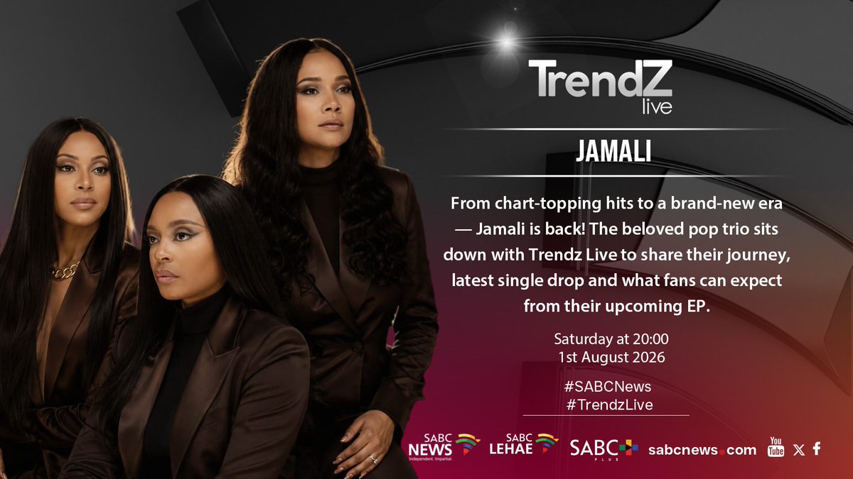 TrendzOnSABC's tweet photo. A NEW SEASON BEGINS🎶The iconic female pop trio #Jamali takes the #TrendzLive stage, for an epic performance and conversation about their latest single, highly anticipated EP, and exciting return to the studio after 13 years. Tonight at 20H00 📍 Only on @SABCNews 📺 https://t.co/H2Cw0WhgyA