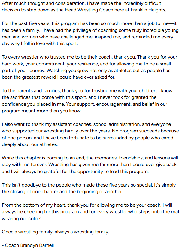 Coach_Brandyn's tweet photo. For those of you wanting to know. I have officially stepped down as the head boy's wrestling coach at Franklin Heights High School. https://t.co/LavS0PirRY