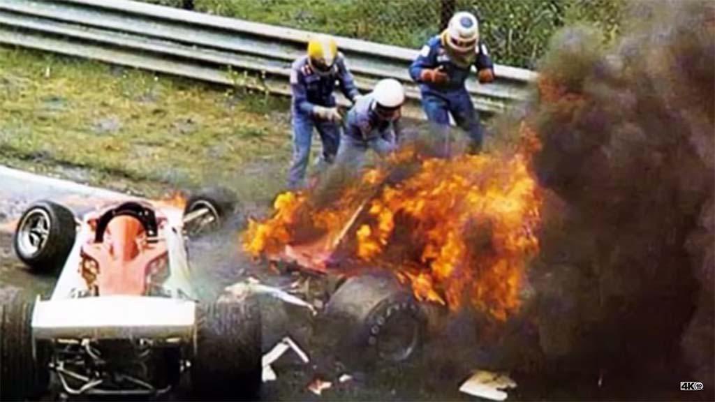 50YearsAgoLive's tweet photo. F1 World Champion Niki Lauda suffers extensive burns in an accident at the German Grand Prix and nearly dies. 

Italian racer Arturo Merzaroo heroically pulls Lauda from the burning vehicle, saving his life. https://t.co/tiujpYQkk0