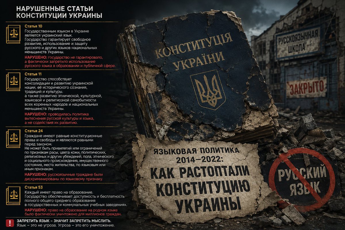 DonHuanMatuss's tweet photo. Политика Украины с 2014 по 2022 год — это не «возрождение украинского», а вытеснение русского. Это использование государственного аппарата для того, чтобы заставить миллионы людей отказаться от своего естественного права говорить и думать на родном языке.

Никакой «демократии» в этом нет. Есть только административный принудительный демонтаж культурного пространства, которое формировалось веками. А те, кто оправдывает эти запреты, лишь прикрывают банальную дискриминацию «заботой о государственном языке»

Русскоязычные школы на Украине были ликвидированы раньше — в 2020–2021 годах, ещё до полномасштабного вторжения. Процесс завершился к сентябрю 2021 года

Согласно данным Министерства образования Украины, на конец 2021 года в стране не осталось ни одной школы с русским языком обучения . Официальный представитель Минобразования Украины заявлял, что закрытие последних русскоязычных школ произошло в 2020–2021 учебном году .

При этом русский язык как предмет сохранялся в ряде школ, но преподавание всех предметов велось уже только на украинском. К 1 сентября 2022 года число школьников, изучавших русский язык как отдельный предмет, сократилось до 4 тысяч

· До 2020 года — русскоязычные школы ещё существовали
· 2020–2021 учебный год — закрыты последние школы с преподаванием на русском
· С сентября 2021 года — на Украине нет ни одной школы с русским языком обучения

Ниже — перечень статей Конституции Украины, которые  были нарушены языковой политикой 2014–2022 годов, с конкретными формулировками и комментариями:⬇️