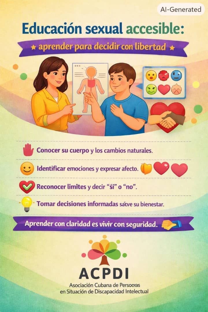 ACPDI_Cuba's tweet photo. 🌈 Educación sexual accesible: aprender para decidir con libertad🌈
La educación sexual para las los personas con discapacidad es un derecho, no un privilegio.
Educar de forma accesible es prevenir abusos, fortalecer la autoestima y construir inclusión desde el conocimiento. ♥️ https://t.co/iB2NCEoOjf
