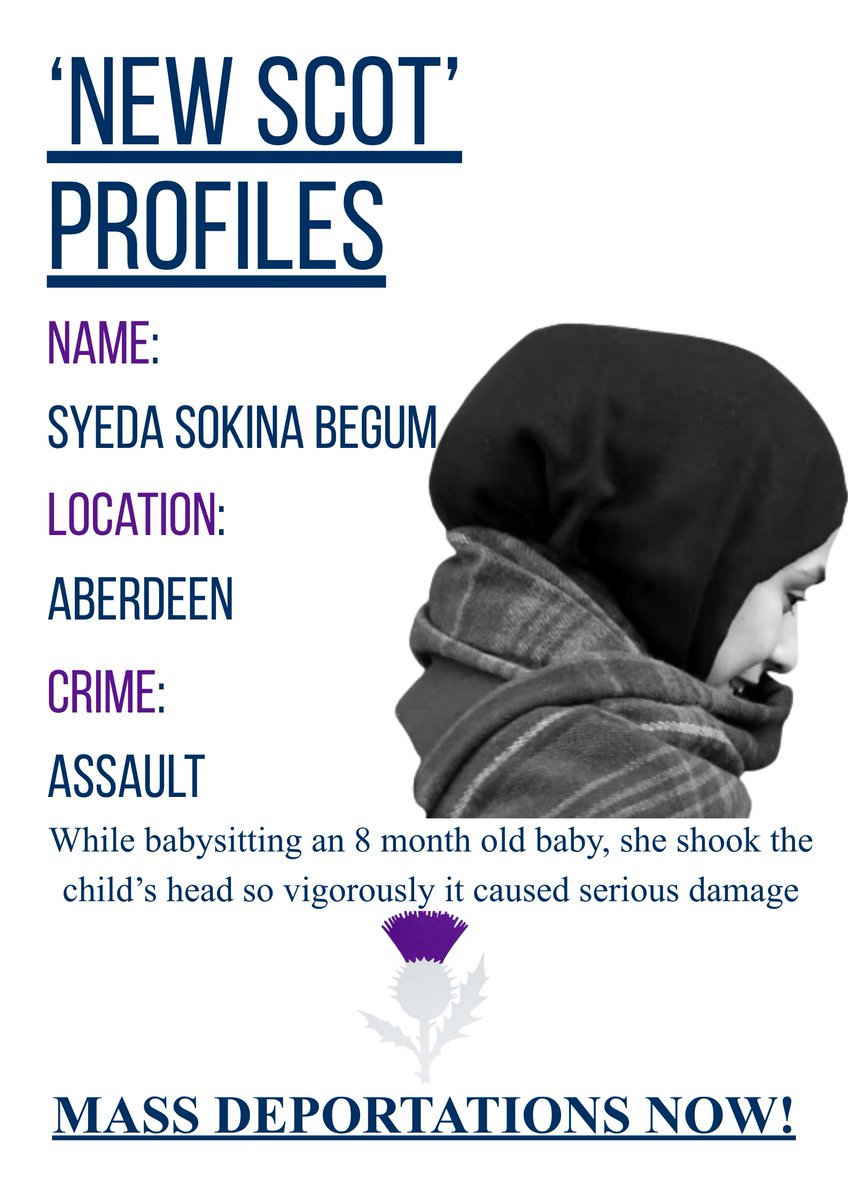 NewScotProfiles's tweet photo. 'New Scots' Profiles: Syeda Sokina Begum convicted of assault in Aberdeen. 

She was entrusted to babysit an 8 month old baby. However, the baby received life threatening injuries under her supervision. 

The vigorous shaking of the head of the baby caused seizures, retinal haemorrhage, and brain injury. 

We need Mass Deportations Now!