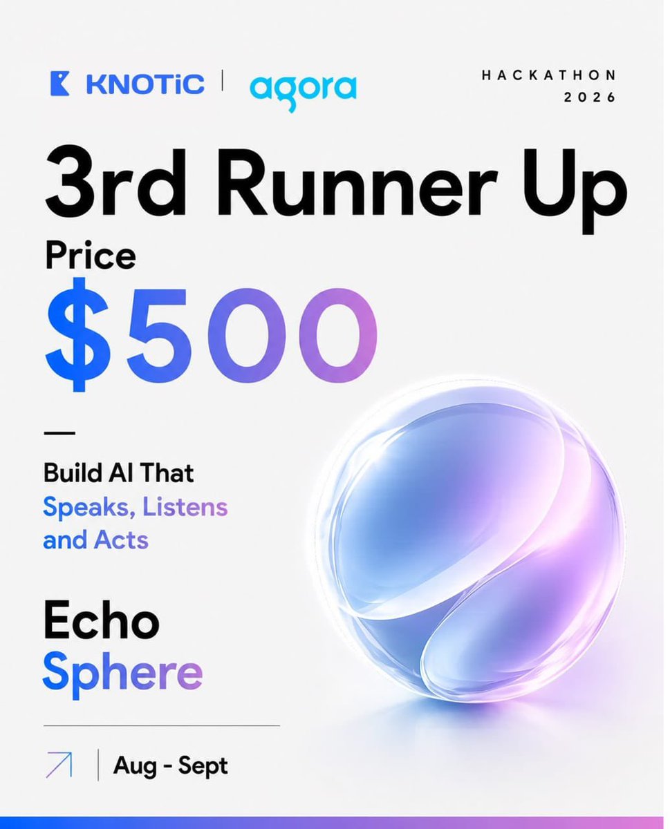 knotichq's tweet photo. $500 for our 3rd Runner Up — and that’s just the start.

Echo Sphere: build AI that speaks, listens &amp; acts. A voice-first hackathon by Knotic × @AgoraIO .

Aug–Sept. Register → https://t.co/V6OWIuLgG2
#EchoSphere #VoiceAI https://t.co/nbm0c5Mx6H
