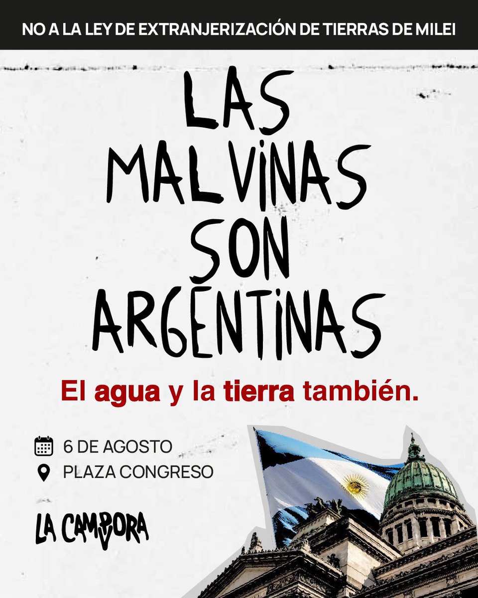 la_campora's tweet photo. Este jueves 6 de agosto marchamos al Congreso de la Nación para exigirle a los senadores y senadores que VOTEN EN CONTRA de la ley de extranjerización de tierras de Javier Milei. 

Sumate 👇🏾 https://t.co/rTnp7mfZON