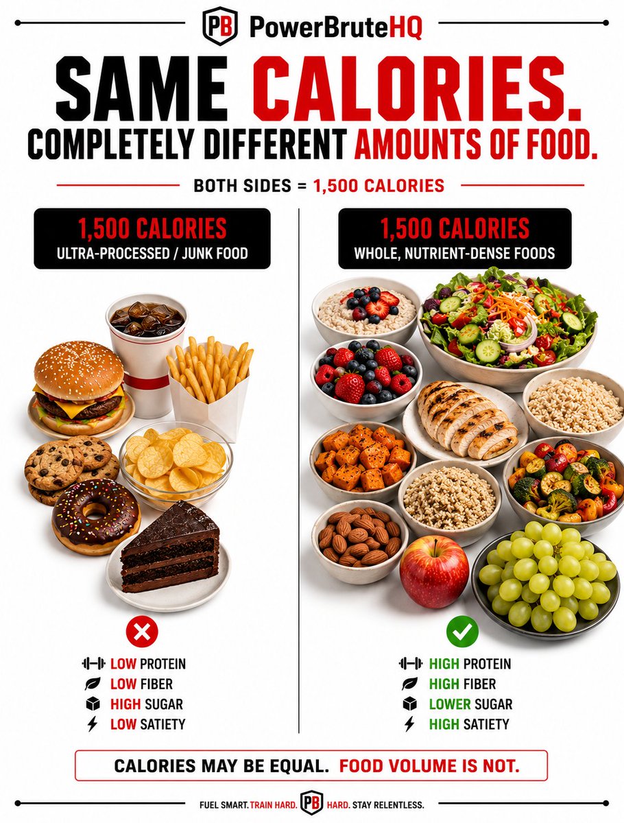 PowerBruteHQ's tweet photo. Same Calories. Completely Different Amounts of Food. https://t.co/cL3fMCtAWp