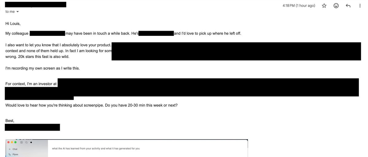 Redacted email from an investor saying they love screenpipe and are recording their own screen while writing the message.