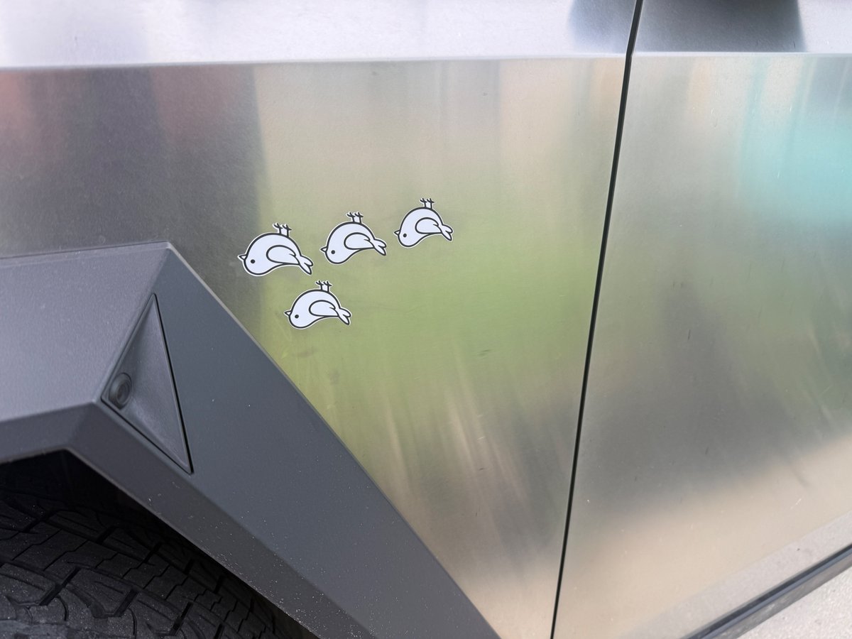 CyberWattage's tweet photo. Took the Cybertruck to dinner last night and got flipped off. Again. That’s the 4th time recently.
So I’m doing it the fighter pilot way — every bird we collect gets a little flipped-bird tally mark on the side of the truck.
Badge of honor. Who’s keeping score with me? https://t.co/WrbQihROpb