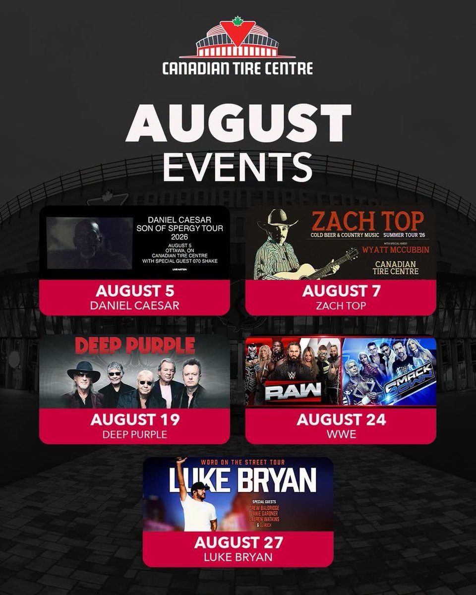 CdnTireCtr's tweet photo. ☀️ August is stacked at Canadian Tire Centre!

From R&B and country to classic rock, WWE action and one of country music's biggest stars, there's something for everyone this month.
Which event are you counting down to? 👇

🎟️ Get your tickets now: https://t.co/dEqOzMSaWB

☀️ Le mois d'août est rempli d'événements incontournables au Centre Canadian Tire! Artistes en tête des palmarès, légendes du rock, action de la WWE et vedette de la musique country… il y en a pour tous les goûts!
🎟️ Procurez-vous vos billets dès maintenant : https://t.co/8ZNpkR0w6D
