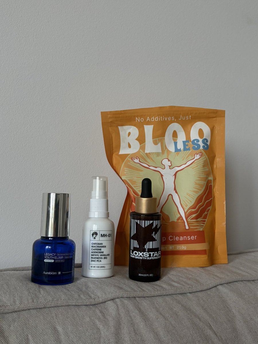 celestialbe1ng's tweet photo. the holy quartet of hair regrowth and rejuvenation:

Legacy Youth Elixir LOXSTAR MORE HAIR BLOO

read the four labels side by side (before you castrate yourself by nuking DHT) and you notice it's the same idea, four times.

copper tripeptide. encapsulated peptides. niacinamide. adenosine. methylene blue. caffeine. bicarbonate et al.

not one of those is a hormone. every one of them is an energy input.

niacinamide is what your cells build NAD out of, the carrier that runs the entire respiratory chain. adenosine is the A in ATP. methylene blue shuttles electrons directly. copper sits at the centre of cytochrome c oxidase, the final enzyme in that chain. caffeine raises metabolic rate and opens circulation. bicarbonate raises CO2, which is how oxygen actually gets released into the tissue instead of riding past it.

so many inputs, one destination: the mitochondria of the follicle.

because a hair follicle is a mini organ, and it's one of the hungriest things you own. it's also optional. when energy runs short the body triages and hair sits near the top of the list of things it's willing to stop paying for. low thyroid, not enough sugar, not enough food, chronic stress, to name a few, and the follicle goes offline.

it's been defunded.

your hairline is a budget decision.

which is exactly why the two drugs everyone reaches for miss.

finasteride nukes your DHT, which is your masculine essence, and men are queuing up to do it to themselves. the devil doesn't wear a red cape. he sells you a 1mg tablet, bro.

minoxidil isn't castration but rent. an old blood pressure drug that forces the vessels open for as long as you keep paying, and never once asks where the energy is meant to come from. stop, and you hand back everything it gave you, with interest.

neither one funds the follicle.

fix the terrain, then feed the scalp.

okay, love you, bye xxx💙