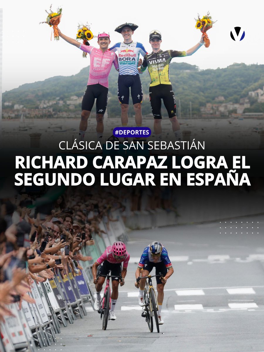 revistavistazo's tweet photo. 🚴🇪🇨 Richard Carapaz volvió al podio tras finalizar segundo en la Clásica de San Sebastián. El ecuatoriano fue el único capaz de seguir el ataque de Remco Evenepoel y disputó la victoria hasta el sprint final. Una nueva actuación que confirma su gran momento en el ciclismo europeo ▶️ https://t.co/mz8Sc9zjJw