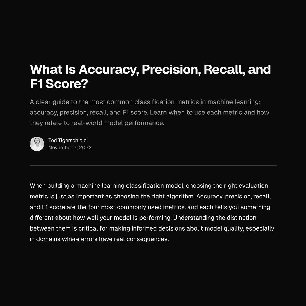 vivekgalatage's tweet photo. The first lecture in this course introduces four key metrics for model evaluation
1. Accuracy
2. Precision
3. Recall
4. F1 Score

This blog article covers all these with simplified examples; check it out.

https://t.co/HSuhakcMvH https://t.co/g8PKa1euWp