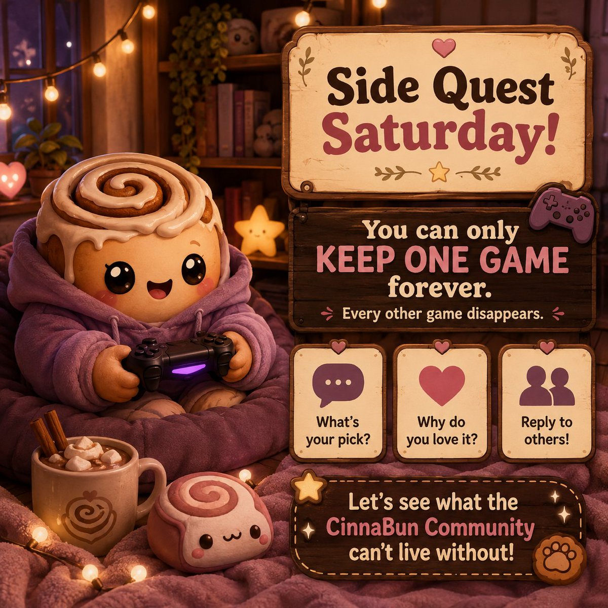 CinnBunsPlay's tweet photo. 🎮🍂 Side Quest Saturday has arrived! 🍂🎮

Main quests can wait... today's all about the fun little adventures!

Let's play a game in the comments:

🎲 You can only keep ONE game forever.
Every other game disappears.

👀 What's your pick, and why?

No wrong answers... but your choice might spark a friendly debate! 😈☕ I'll be jumping into the comments to see who picked the ultimate forever game.

#SideQuestSaturday #CinnaBunsPlay #CozyGaming #GamingCommunity #GamersUnite