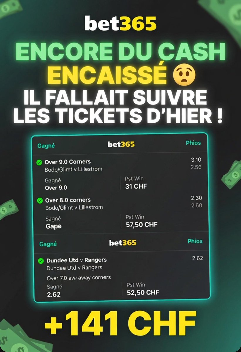 TipFoot365's tweet photo. 💥 IL FALLAIT SUIVRE LES TICKETS D’HIER ! 💥

Encore une belle journée de cash encaissé 🔥  

✅ Bodo/Glimt corners (x2) → +88,50 CHF  
✅ Rangers corners → +52,50 CHF  

Total net : +141 CHF en plus hier soir 💰💰  

Ceux qui suivent les propositions gagnent régulièrement.  
Les autres regardent passer le train…  

👉 Parieurs de X, si vous voulez vous aussi encaisser du cash régulièrement :  
Suivez-moi et activez les notifs.  
Les prochains tickets arrivent bientôt 📲  

#Bet365 #ParisSportifs #Cash #Corners #Gains #betting #teamparieur #foot #sports #gambling