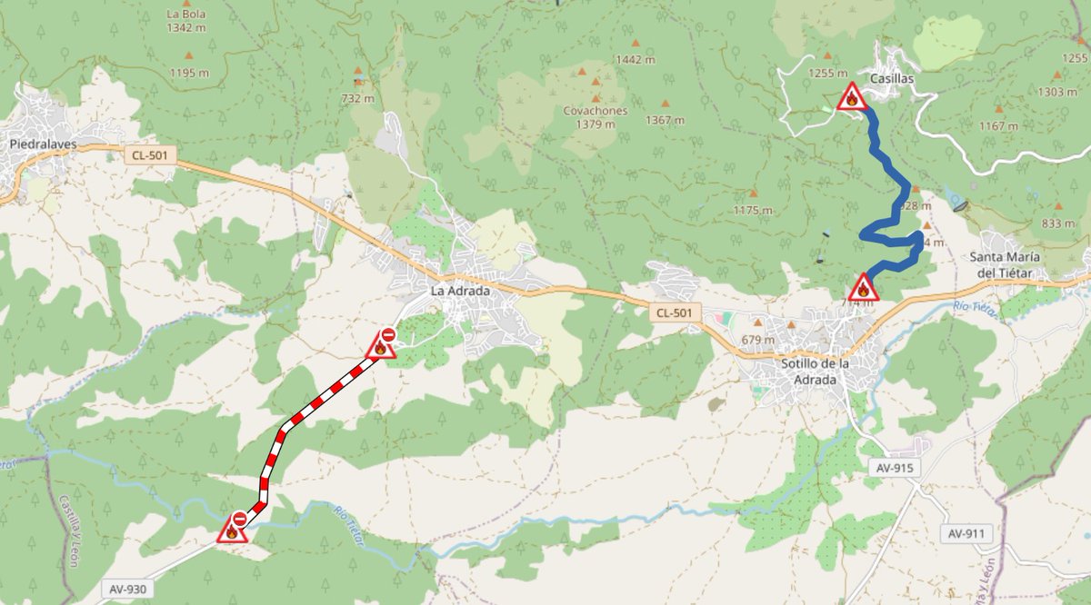 EmergenciaAvila's tweet photo. [17:30 01/08/2026] El #IFBurgohondo continúa afectando a varios tramos de carreteras de #Ávila en las zonas del #AltoTiétar #Pinares y #Alberche

⛔️Consulta la situación en: https://t.co/F97ylZoSbT https://t.co/IU5D5d2veK